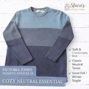 Victoria Jones Women’s Sweater 2X Blue Gray Colorblock Knit Crewneck